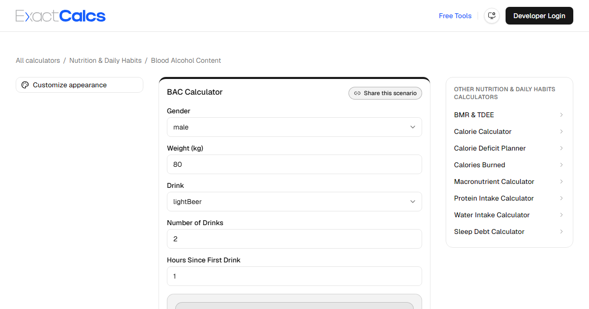 ExactCalcs BAC calculator showing estimated time to reach 0.00%