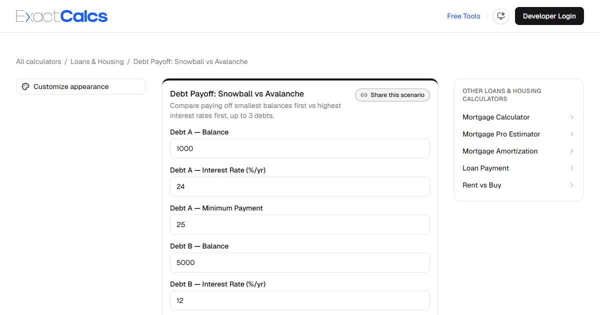 ExactCalcs debt payoff calculator comparing snowball and avalanche strategies