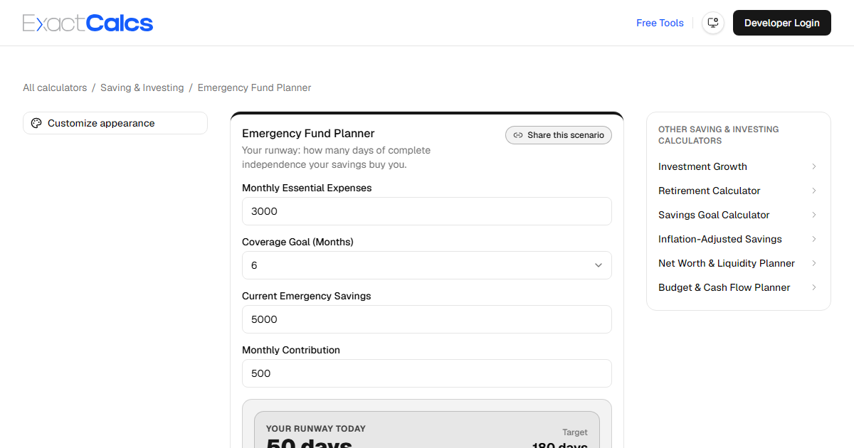 ExactCalcs emergency fund planner showing a target savings goal based on monthly expenses