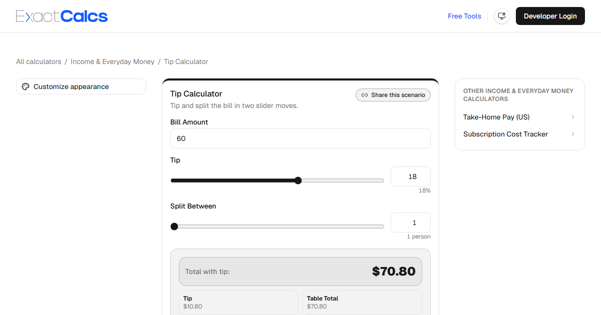 ExactCalcs tip calculator showing tip amounts on a $60 bill